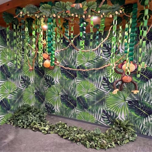 Image of Tiamon 2 Pack Jungle Party Decorations 3.3 x 6.6 Ft Palm Leaf Foil Fringe Curtains Rainforest VBS Backdrop Tinsel Streamers Photo Booth for Hawaiian Safari Birthday Baby Shower Party Supplies