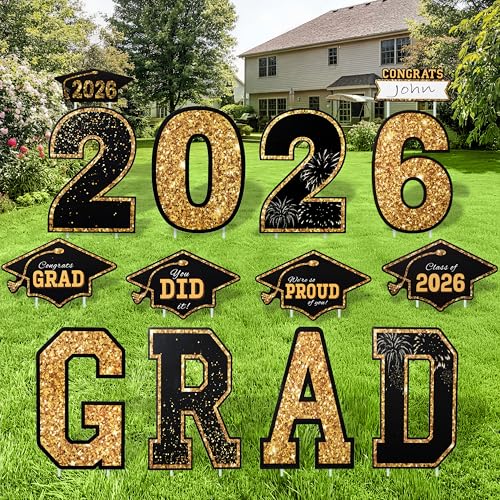 JOYIN 14 Pcs Graduation Yard Signs Class of 2026 Black & Gold Congrats Grad Lawn Stakes with 28 Stakes for 2026 Graduation Party Decorations Outdoor College High School Party Supplies