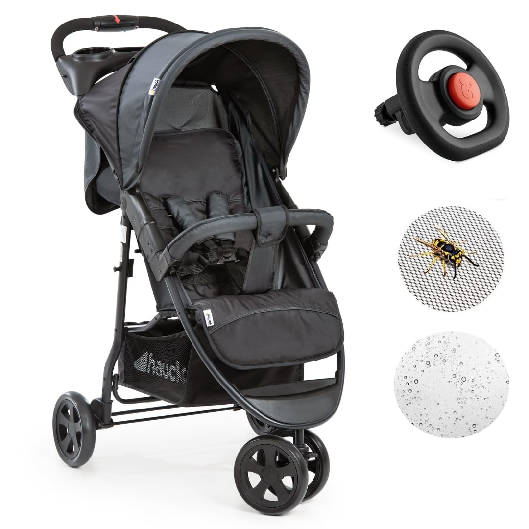 hauck Buggy Citi Neo 2 mit Spielzeug Lenkrad und XXL Zubehörpaket | Regenschutz & Mückennetz | Dreirad Kinderbuggy mit Liegefunktion, leicht & klein zusammenklappbar - Caviar Stone