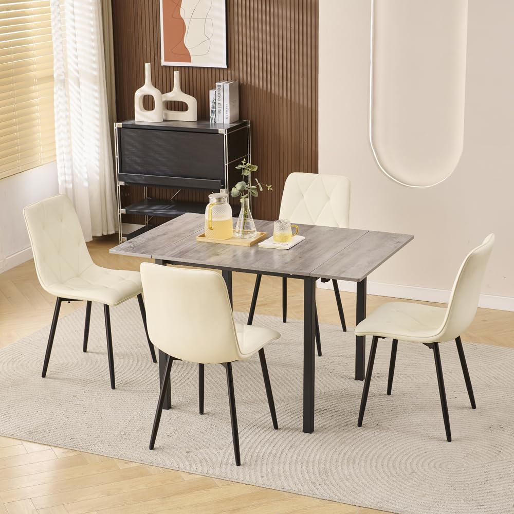 Homullel Drop Leaf Dining Table and Chairs Set 4 Seater Dining Room Dinner Set for Small Spaces, Foldable Small Kitchen Table, Space Saving (4 chairs, Ivory White Faux Leather Diamond)