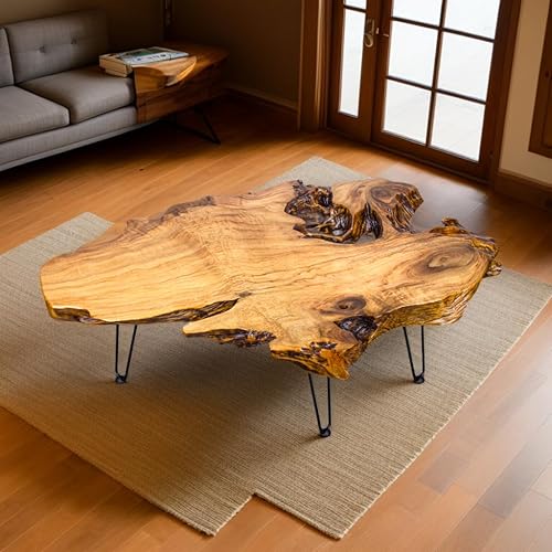 BTEOBFY Natural Wood Coffee Table with Clear Lacquer Finish and Metal Hairpin Legs for Living Room - 16" Tall - Mesa de Centro para Sala
