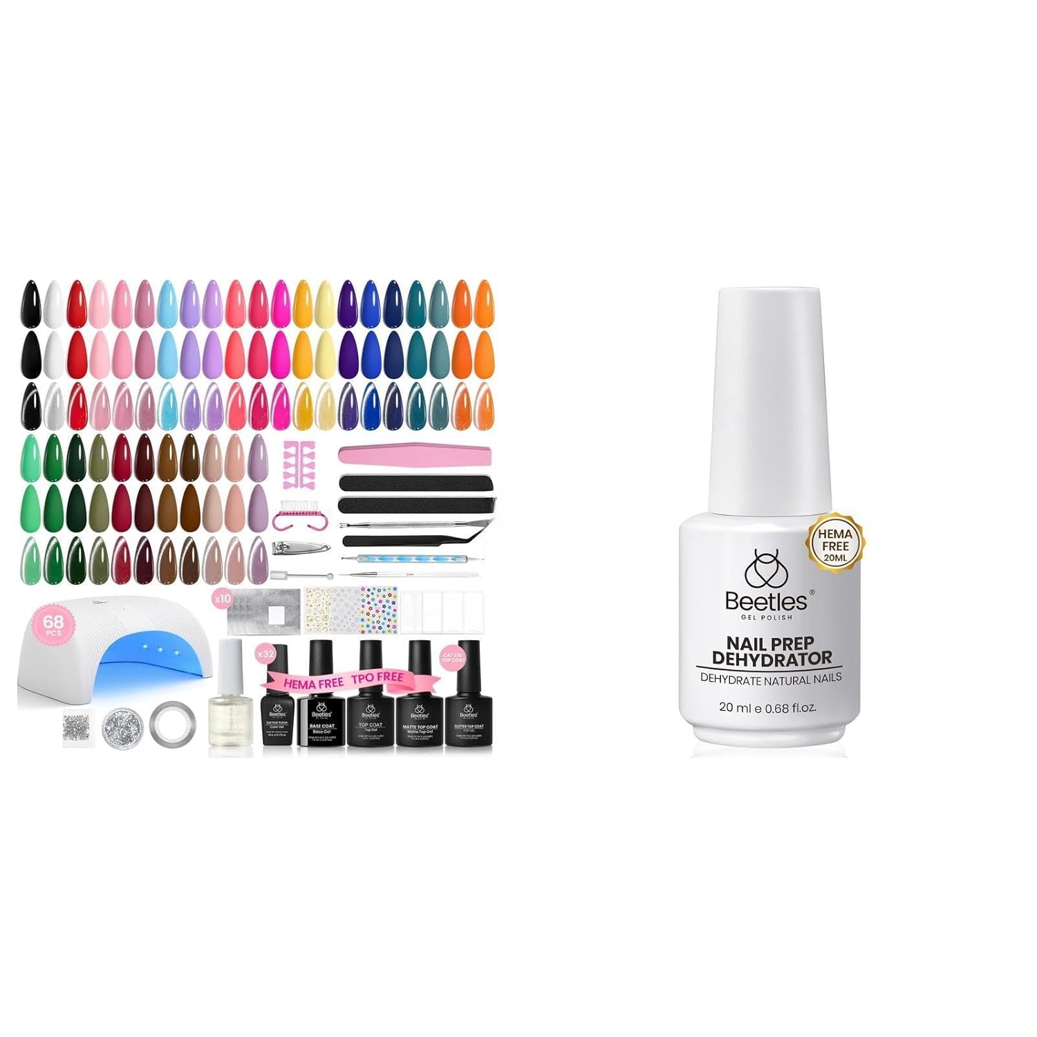 Beetles Gel Nail Polish Kit 32 Colors, 68PCS All-in-One Set with Cat Eye Top, Base and Top Coat & Nail Dehydrator 20ml, Acid-Free HEMA-Free Prep for Gel & Acrylic
