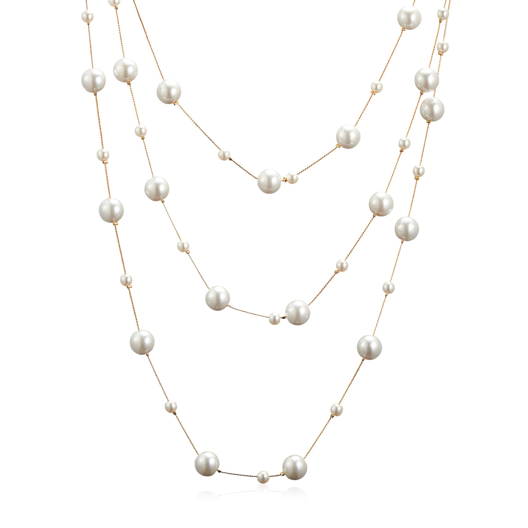 IDOKAWA Long Layered Pearl Necklaces for Women, Vintage Statement Jewelry