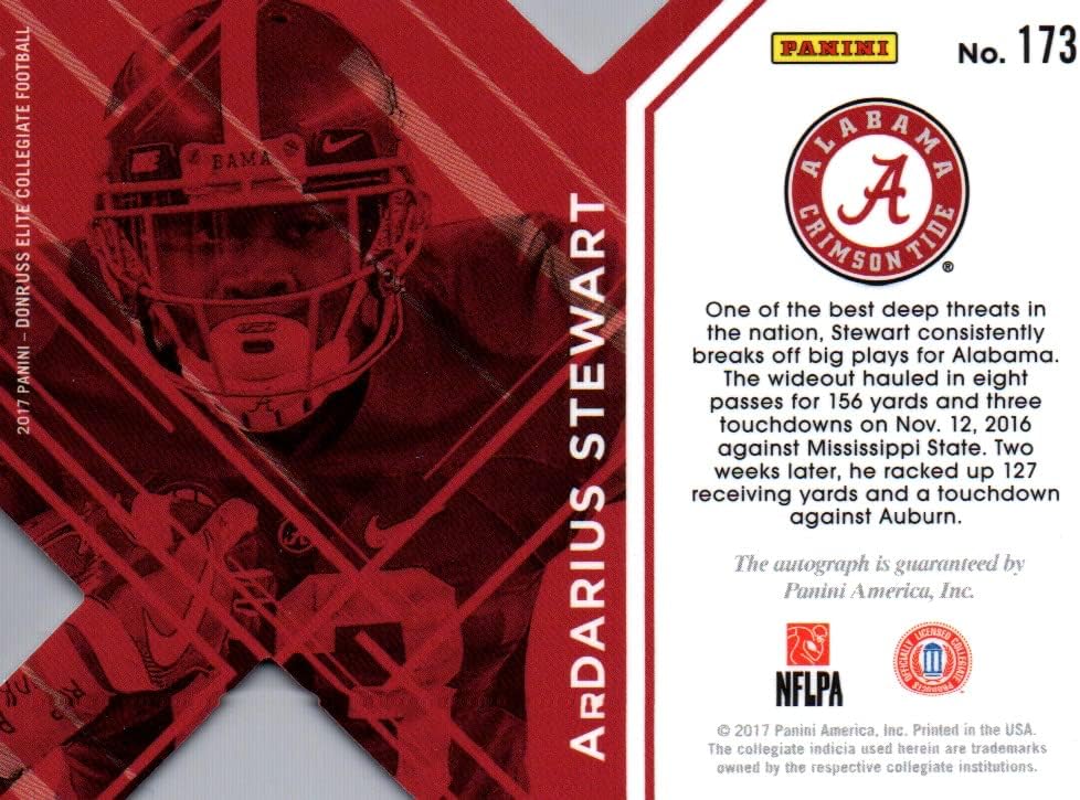ArDarius Stewart Autographed & Serial Numbered 33/49 Rookie Card Collectible Football Card - 2017 Panini Elite Draft Picks Rookie Football Card #173 (Alabama) Free Shipping & Tracking