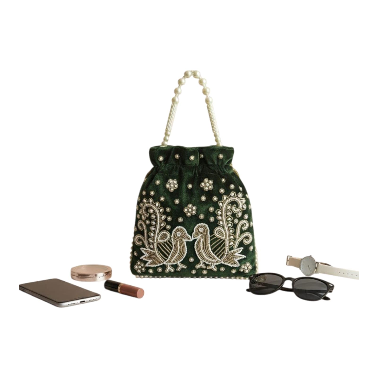 Women’s Velvet Embroidered Potli Bag with Pearl Handle & Peacock Design | Bridal Wedding Clutch Purse | Ethnic Drawstring Handbag for Saree & Lehenga-image-12