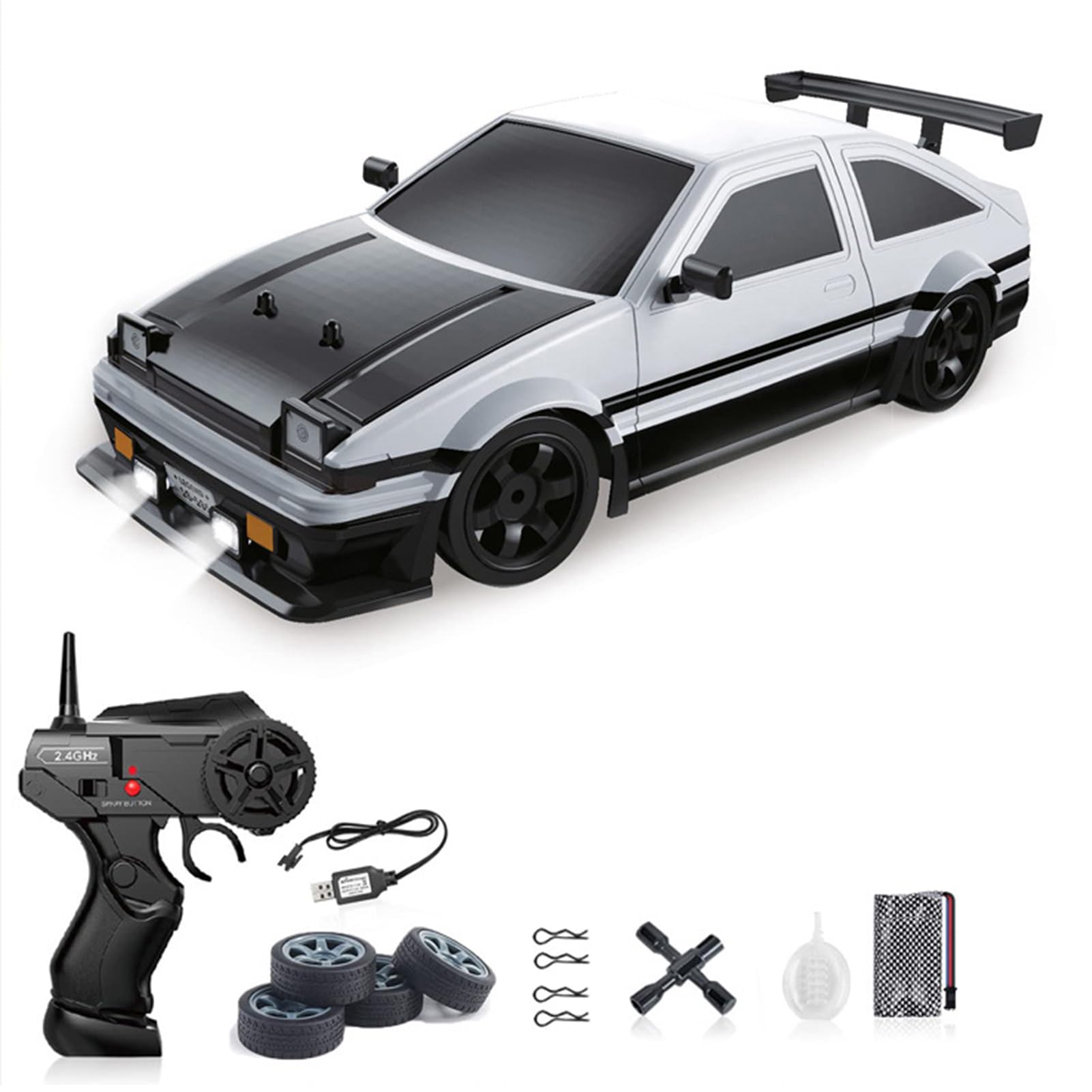 Coche teledirigido 1:16, coche teledirigido 2,4 G RC Drift Car, alta velocidad, 4 ruedas, con luces LED frescas, funciones de pulverización, coche RC para niños y niñas