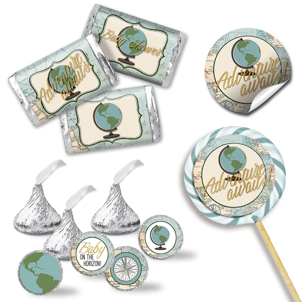 Adventure Awaits World Traveler Gender Neutral Baby Shower Sticker Bundle - 429 Pieces 60 2" Circle Stickers for Favors & Bags, 45 Mini Candy Wrappers