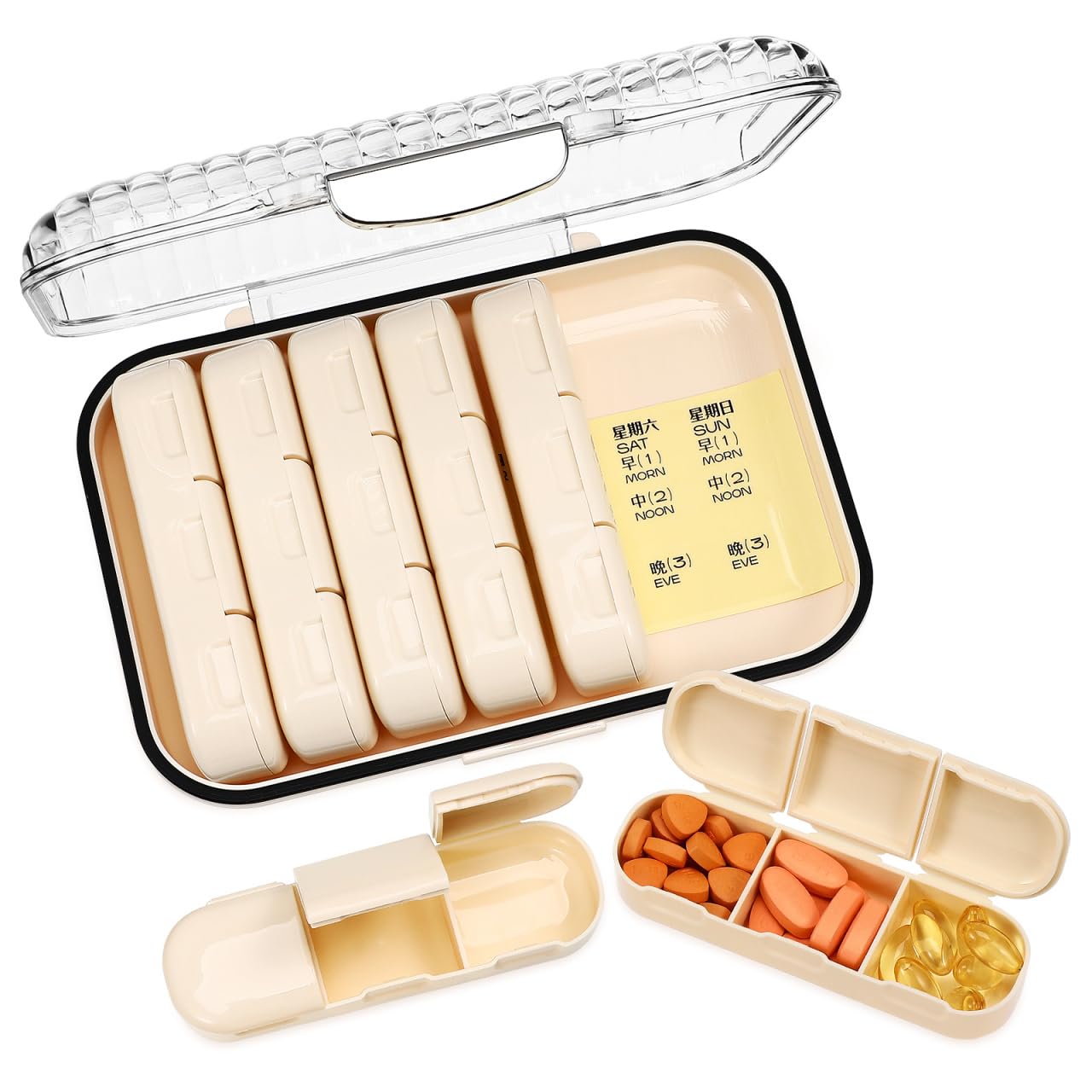 Baluue Mini Pill Organizer Travel Case with Removable Dividers Portable Weekly Medication Storage Box Compact Sealed Design for Daily Pills Vitamins