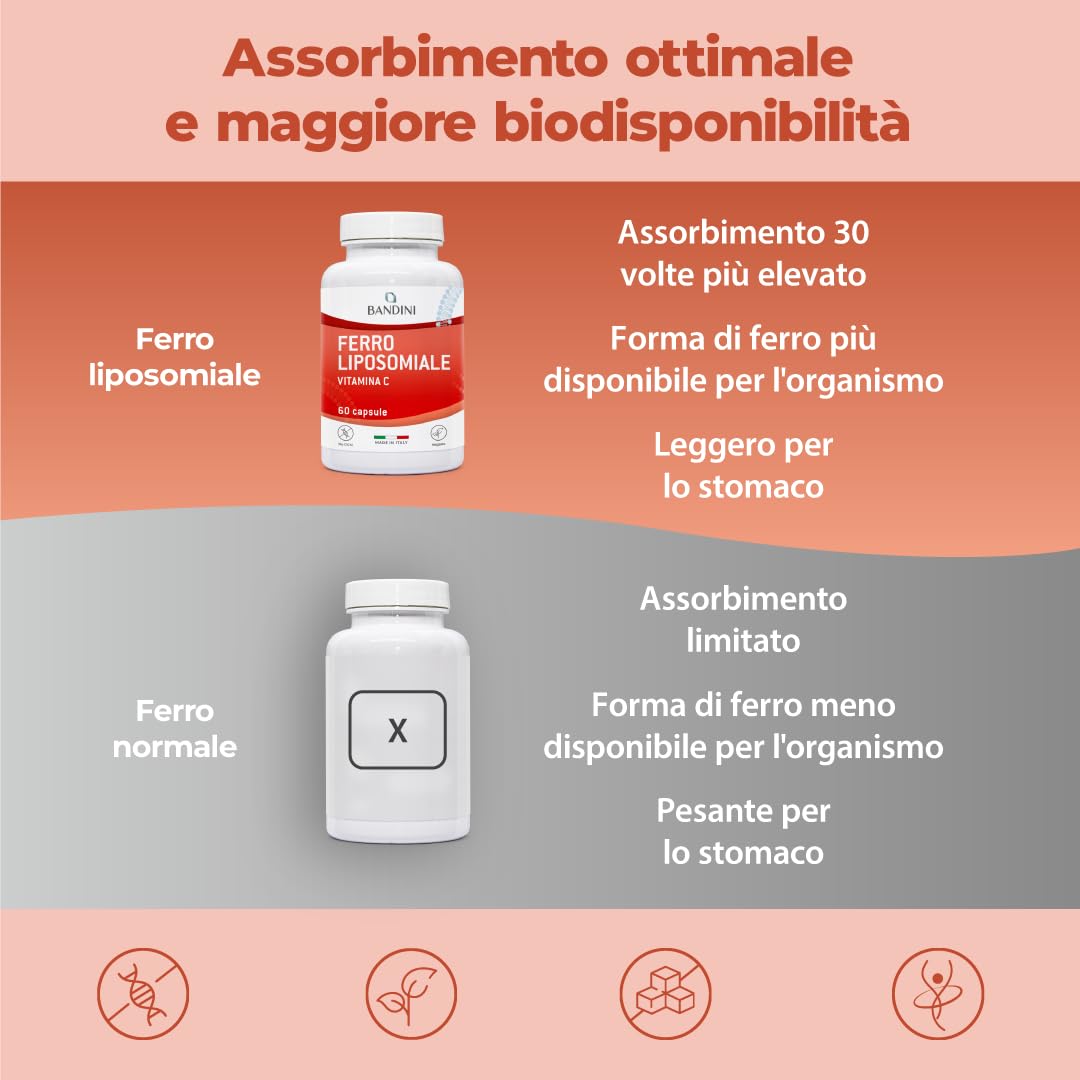 Bandini® Ferro Liposomiale Complex 30 mg – con Vitamina C, Acido Folico, B12, B6 e A – Alta Biodisponibilità e assorbimento, contro Stanchezza e Affaticamento – 60 Capsule per 2 mesi