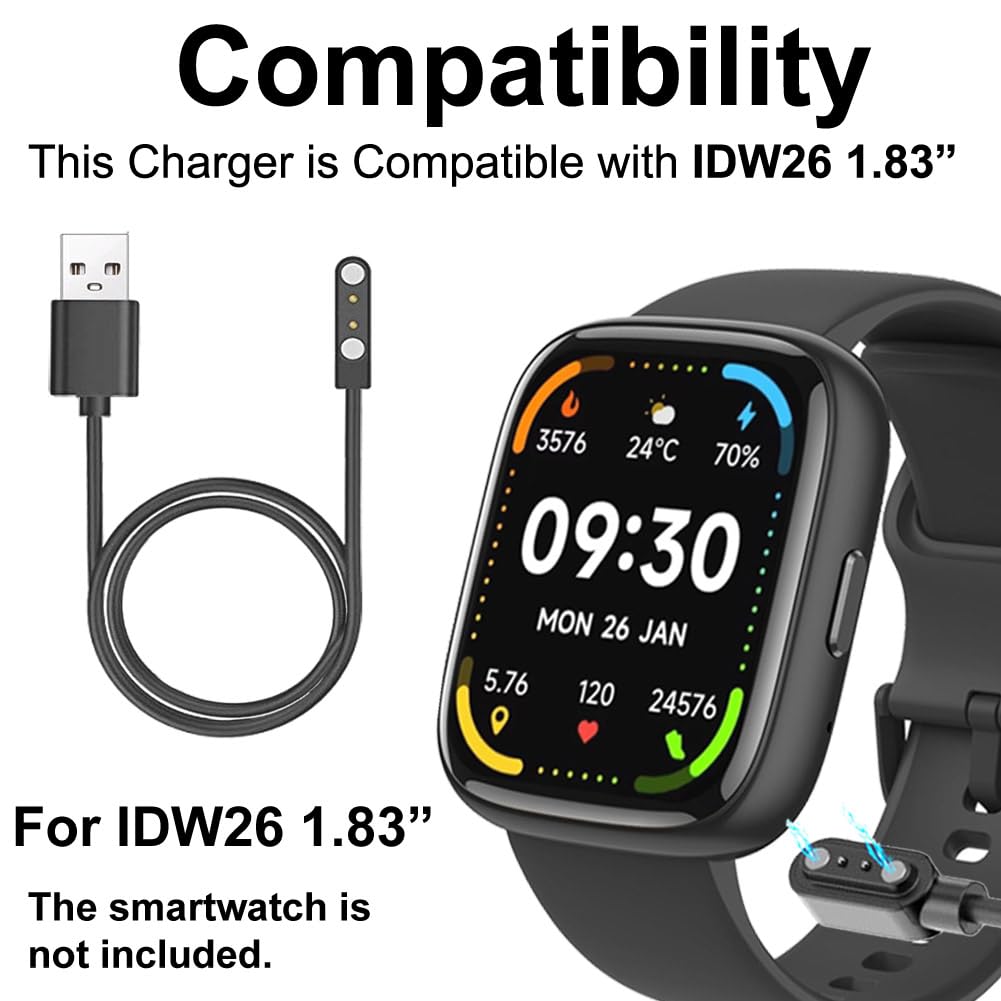 smaate smart watch Cables Compatible with Faweio IDW26 1.83” smart watch, 2-Pack, Black