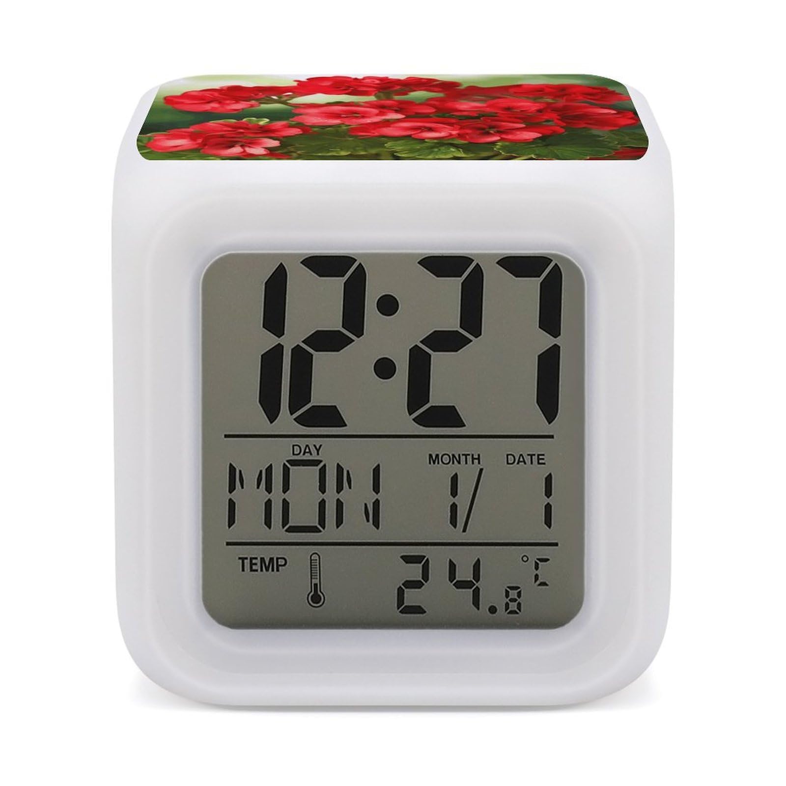 Red Geraniums Alarm Clock with 7 Color Changing Night Light,Battery Operated Digital Clocks with Temperature Display Tiny Electric Clock LED Sleep Timer for Room Decor