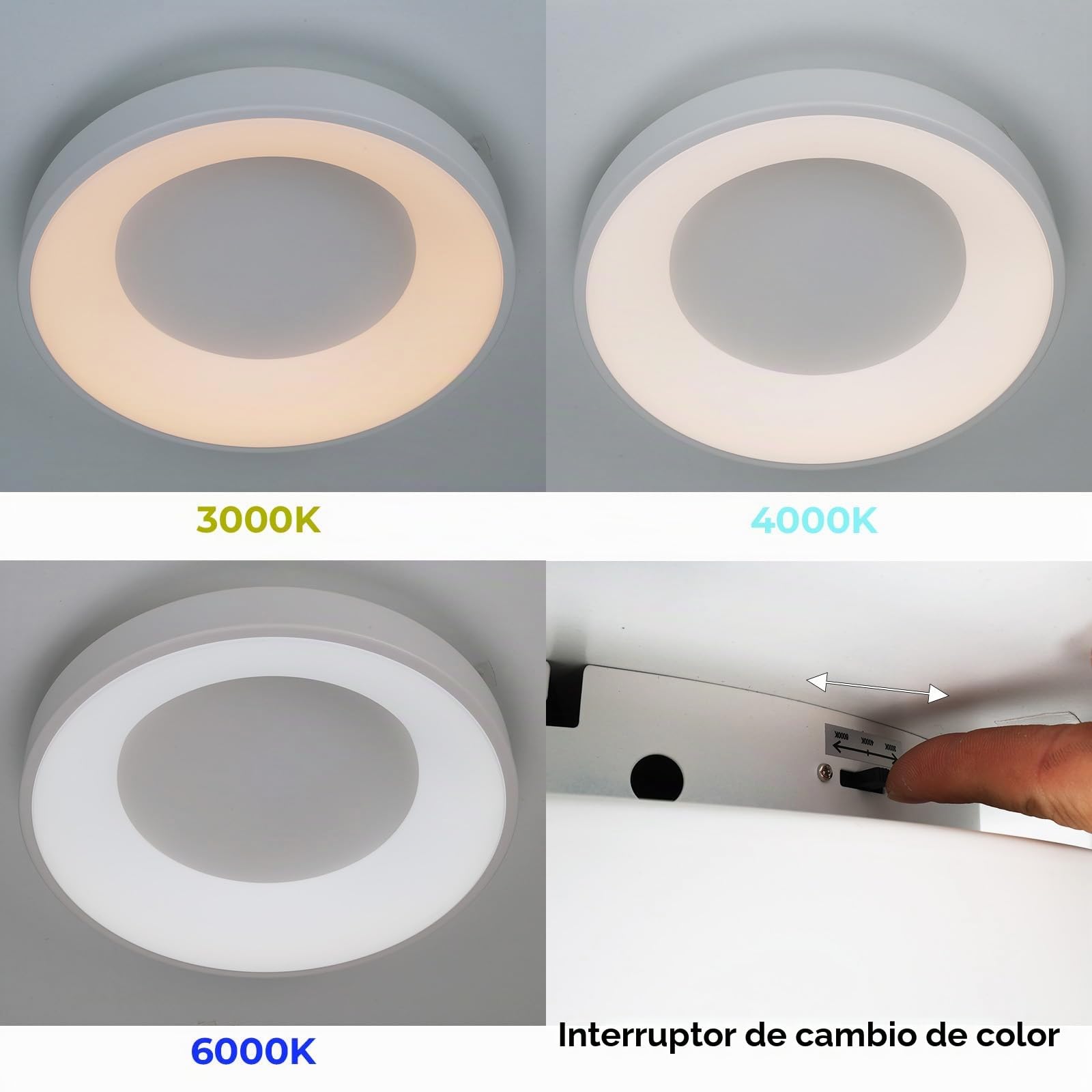 Alpinaluz Plafón LED de 36W Ø40cm 4500lm con Selector de Color CCT 3000K/4000K/6000K, Diseño Redondo en Metal Blanco y Luz Lateral CRI85, para Salón y Comedor