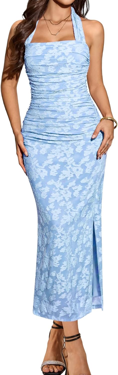 DRESSTELLS Women's Floral Halter Bodycon Backless Maxi Ruched Wedding Guest Cocktail Party Dress