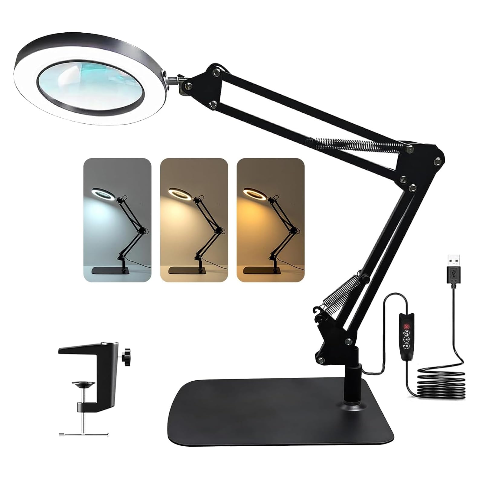 10X Magnifying Glass with Light and Stand, Magnifying Desk Lamp with Large Base, 3 Color Modes and 10 Brightness Dimmable, 4.3" Real Glass Magnifier Lamp with Swivel Arm for Hobbies Reading Work
