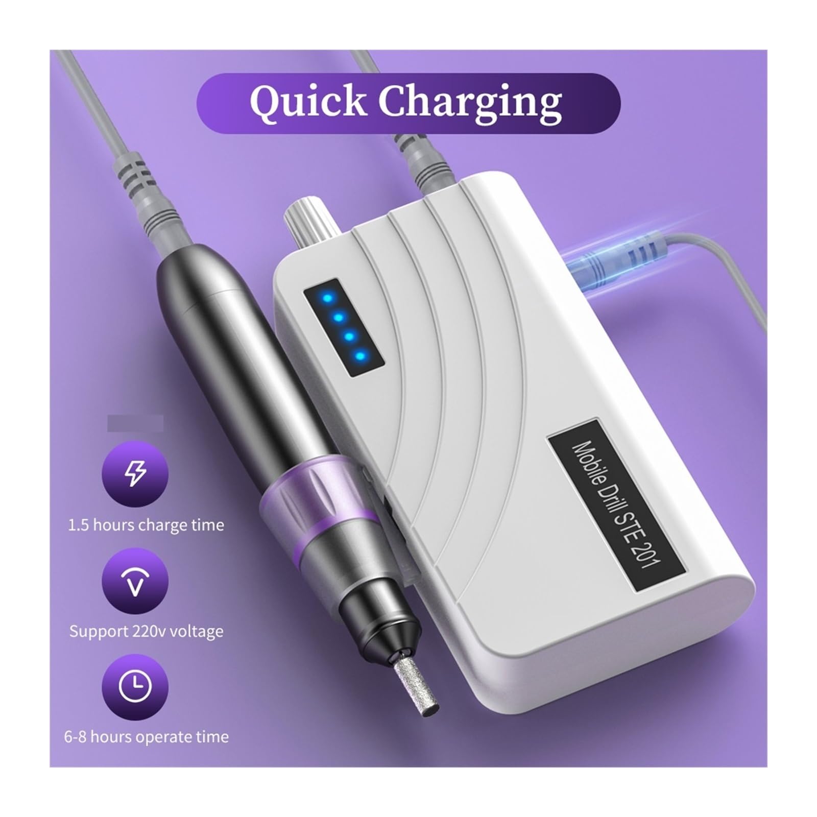 Lime a Ongle Electrique, Perceuse À Ongles 35000RPM Portable Électrique Acrylique Vernis Gel Dissolvant Machine Avec Ensemble De Forets, Manucure Nail Tech Art Salon Maison DIY