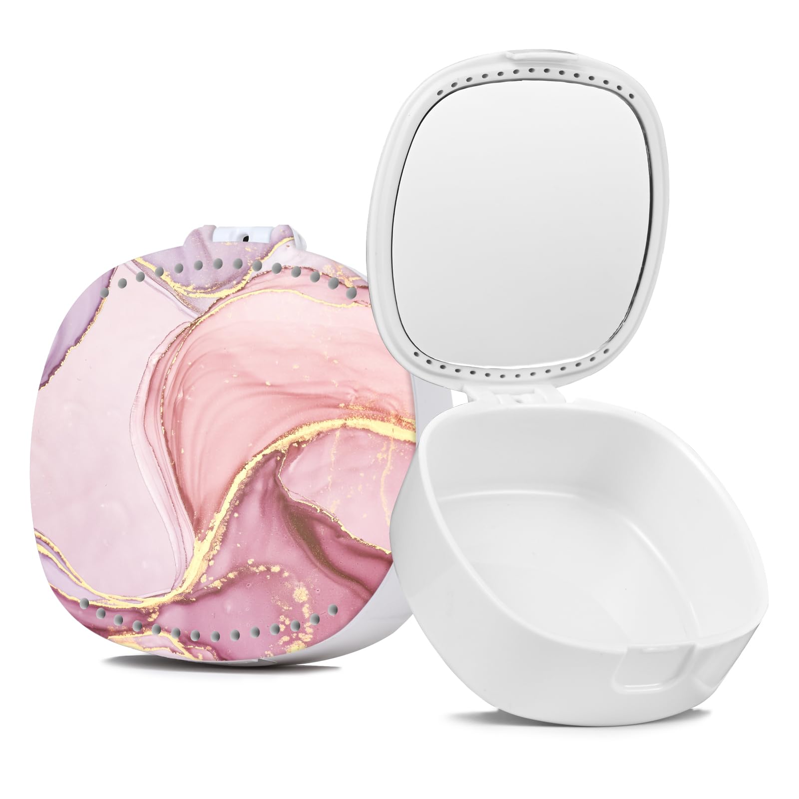 TIHYWR Retainer Case With Mirror and Ventilation Holes - Mouth Guard, Denture, Orthodontic Aligner, Night Guard - Pink Marble