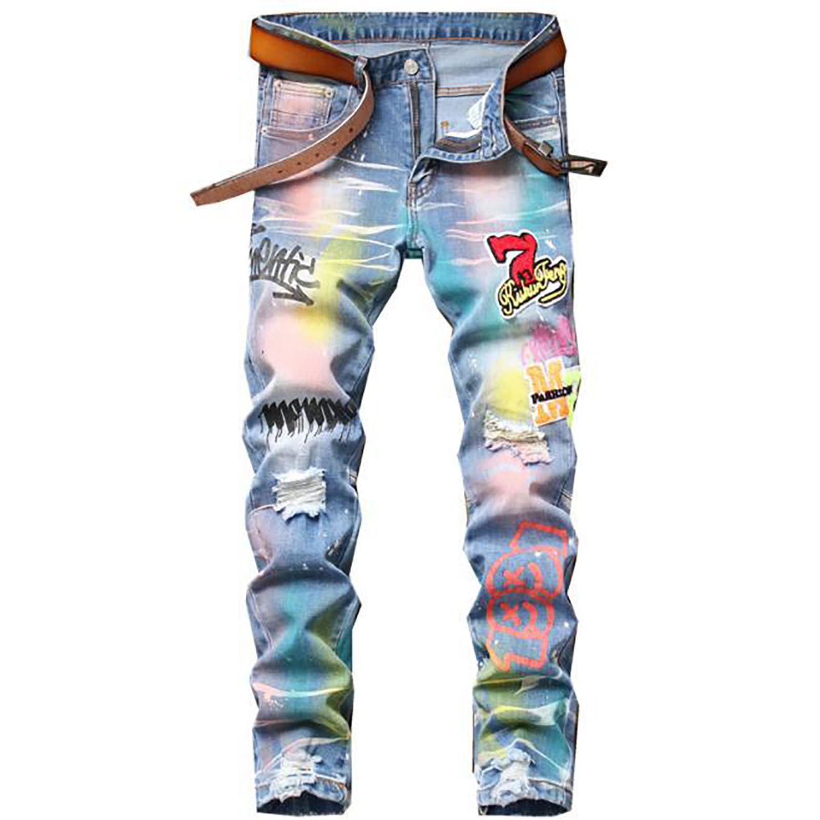 Genérico Vaqueros Hombre Pantalones Hombre Pantalones Vaqueros Hombre para el día a día Desgastados con Rotos Impresos Diseño Patchwork Estilo Callejero Urbano