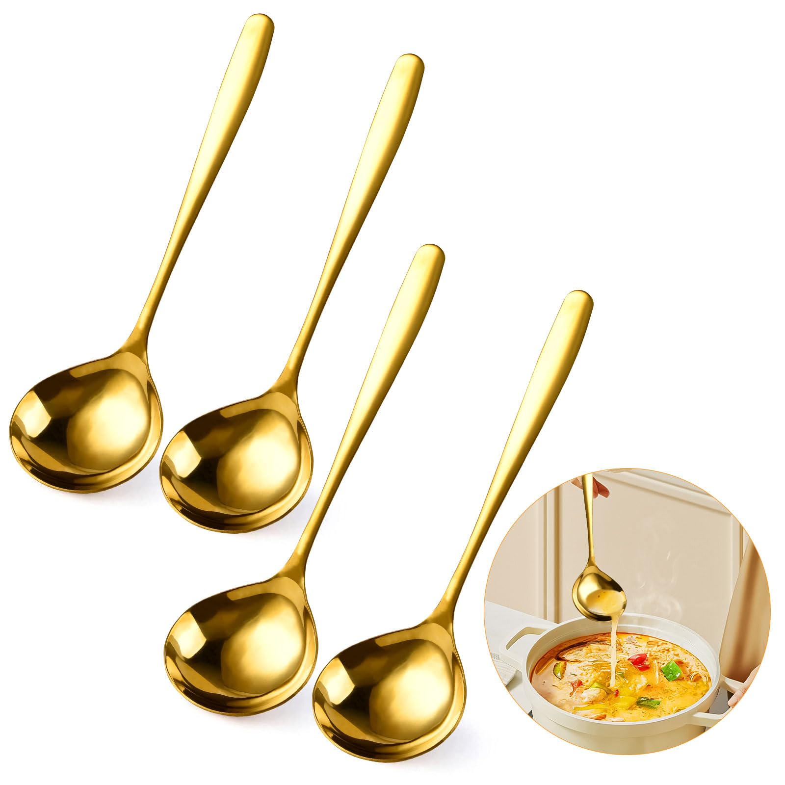 Akamino 4 Pack Gold Gravy Ladles, SUS 304 Stainless Steel Sauce ladles, 8-Inch Small Soup Ladles Serving Ladle for Cooking - Dishwasher Safe