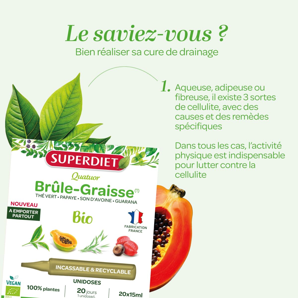 SUPERDIET - QUATUOR BRÛLE-GRAISSE BIO - Minceur -Thé vert, Papaye, Son d'avoine, Guarana - Format nomade-20 Unidoses de 15 ml