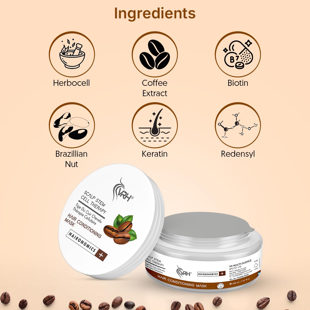 VRH Hair Conditioning Mask | Nourishes & Stimulates Hair Follicles | Encourages Pore Opening & Faster Hair Growth | Features Herbocell, Coffee Extract & Hydrolyzed Biotin | Unisex | (200ml) gray