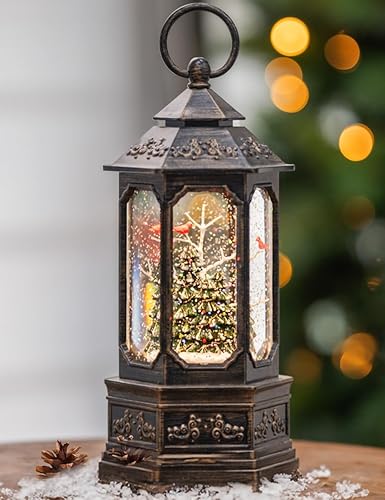 TIJNN Linterna navideña de globo de nieve de 12 pulgadas, caja de música hexagonal con purpurina, USB y decoraciones alimentadas por batería