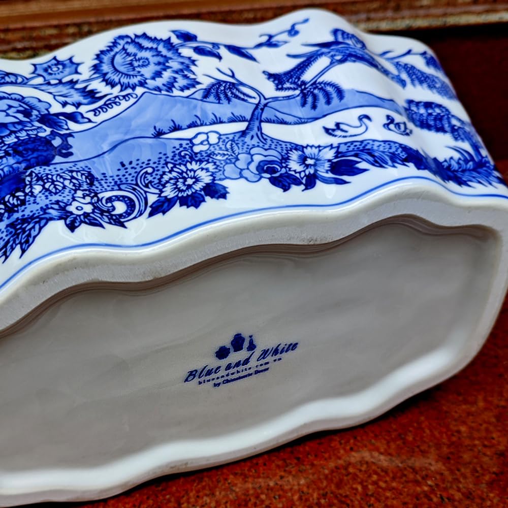 Niebiesko-Biała Ceramiczna Doniczka – Owalny Wazon W Stylu Vintage Z Motywem Kwiatowym Na Rośliny Doniczkowe, Kwiaty I Sukulenty – Szkliwiona, Dekoracyjna Misa W Stylu Ch,non-perforated
