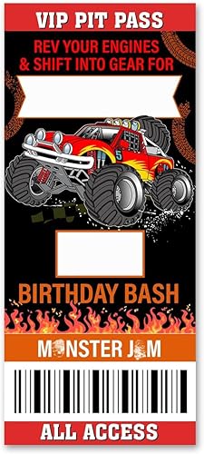 Monster Truck Invitaciones para fiesta de cumpleaños, paquete de 20 invitaciones de boletos de camión monstruo rojo con sobres, tarjetas de