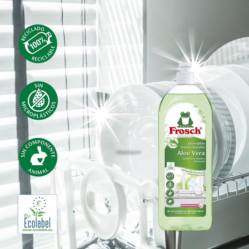 Frosch Lavastoviglie a Mano Liquido Lozione Ecologico Aloe Vera, Dermo-sensibile, Pulizia efficace e protegge la pelle, confezione da 10 pezzi x 750 ml