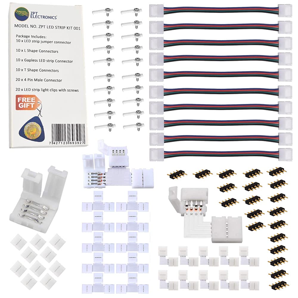 ZPT Electronics® 4Pin RGB LED Strip Connector Kit Includes 10xT Shape Connectors,10xLED Strip Jumper,10xL Shape Connectors,10x Gapless Connectors,20x LED Strip Clips,20x4 Pin Male to Male Connector