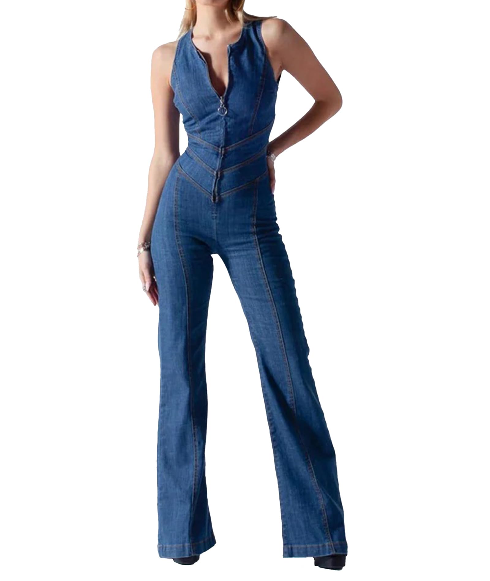 Combinaison en denim pour femme - Fermeture éclair sur le devant - Col en V profond - Sexy - Sans manches