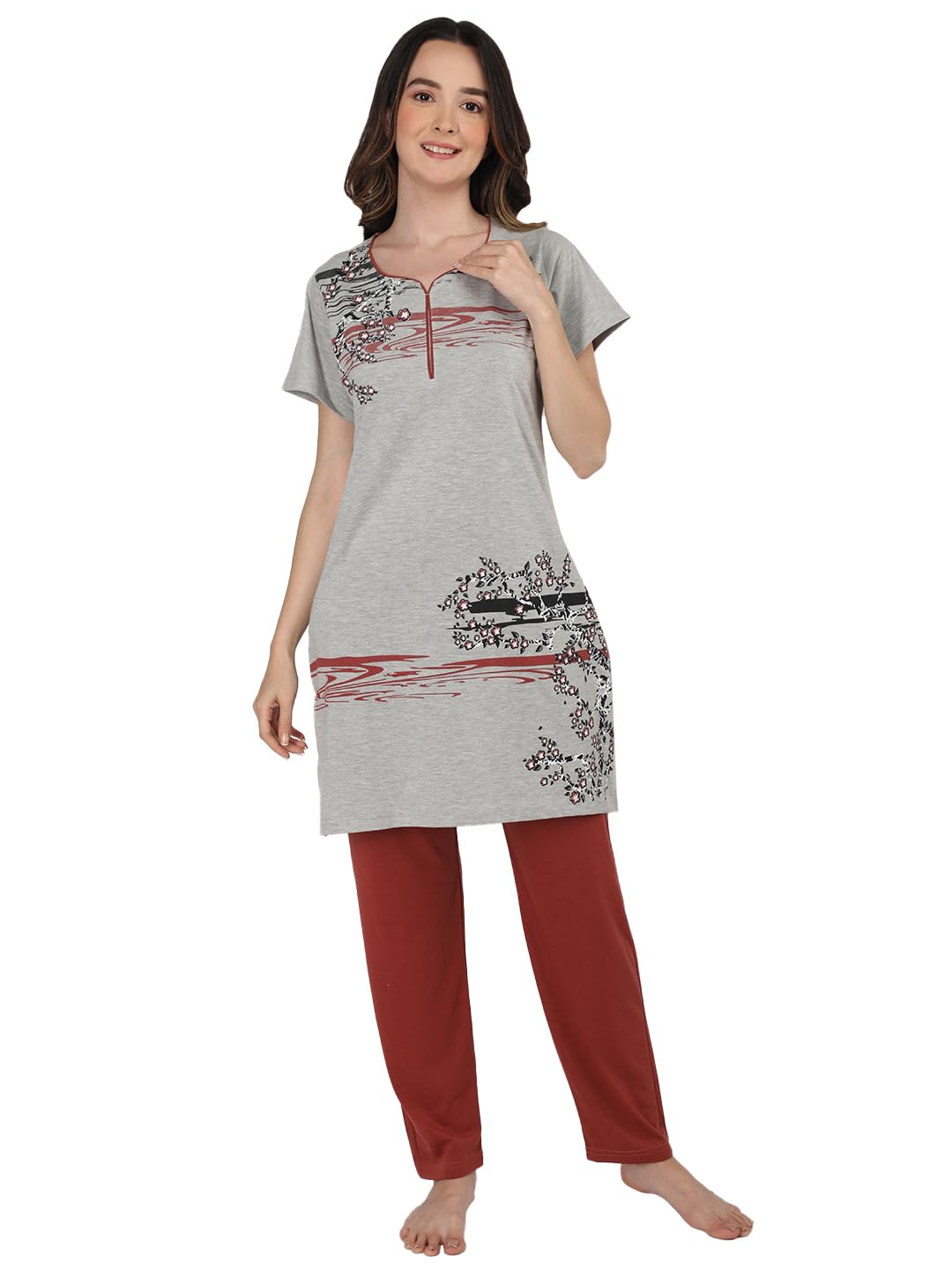 Women's Cotton Printed Regular Fit & Embroided Long Length Night Suit Set