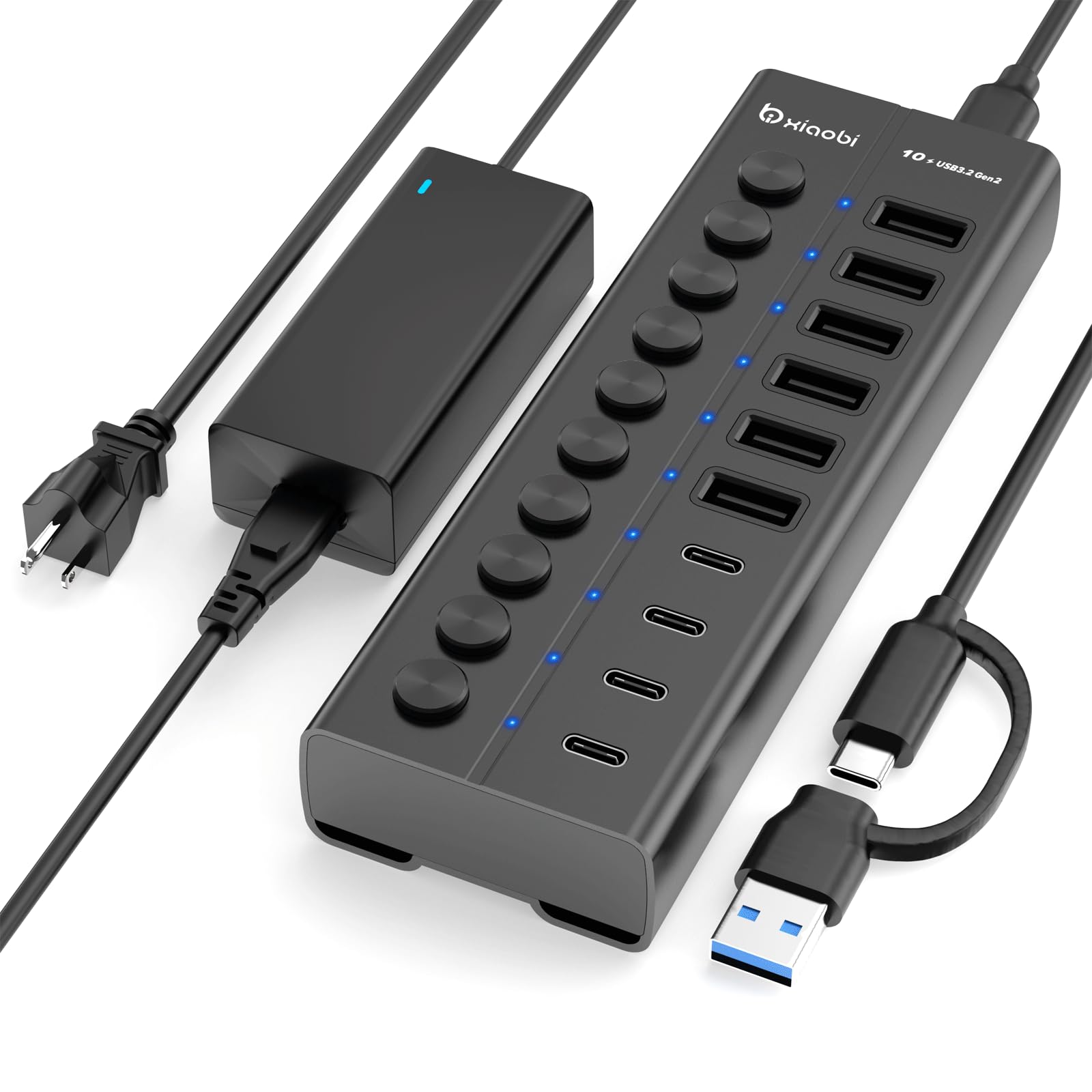 Powered USB Hub, 10-Port USB C Hub with 6 USB-A 3.2, 4 USB-C 3.2 Ports, Individual Switches and 12V/5A Power Adapter, Aluminum USB Extension for