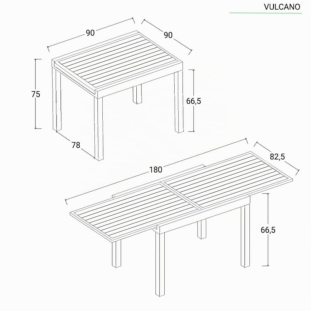 Totò Piccinni Tavolo VULCANO Allungabile in alluminio quadrato 90/180x90x75h ideale per giardino con piano a doghe dal design moderno (Antracite, Tavolo 90/180x90x75)