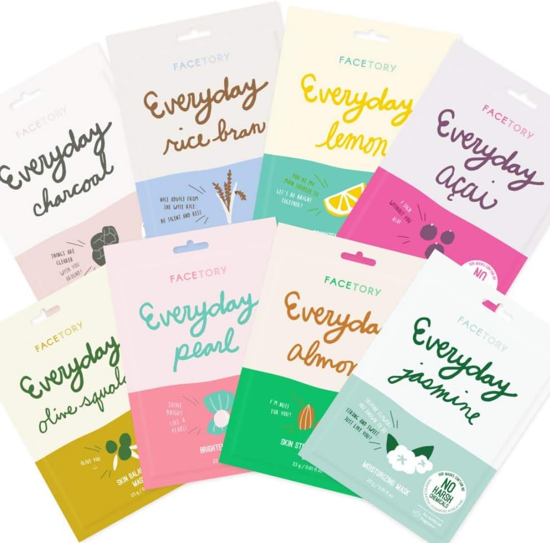 FACETORY K Beauty Face Mask Skin Care – EVERYDAY 8 COLLECTION Sheet Mask Set | Natural Premium Korean Face Mask For All Skin Types – No Sulfates No Parabens (8 pc)