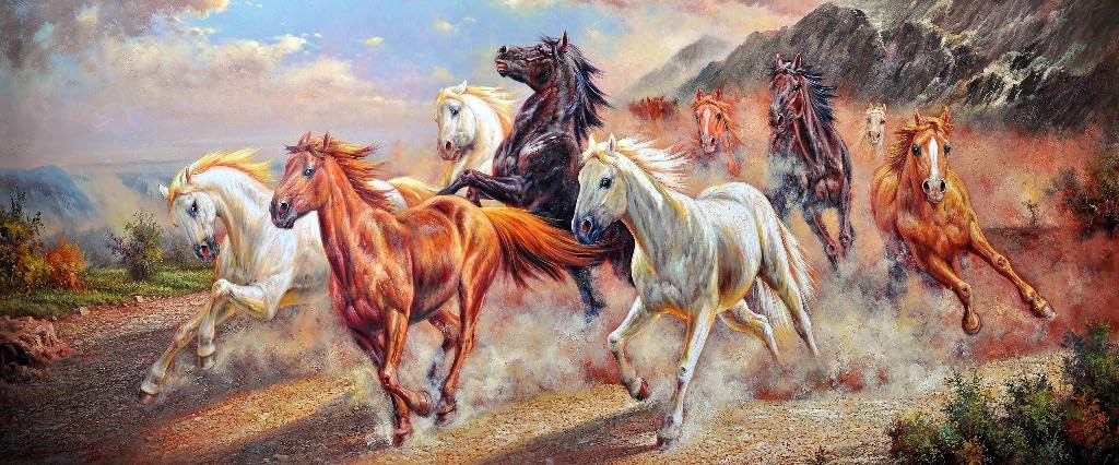 Fizdi - Framed Canvas Wall Painting - 9 Running Horses - Art Print for Home & Office Wall Decor.|24 Inches X 9.9 Inches||PRT_1306-24-10|