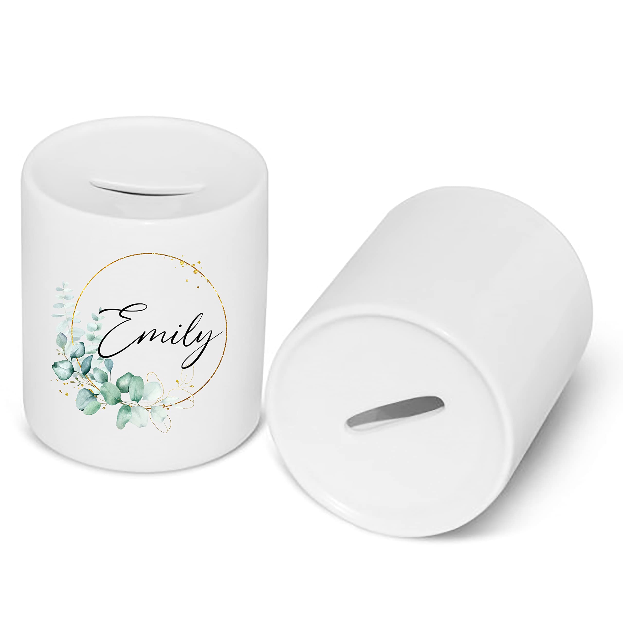 Personalised Ceramic Money Box, your Name, Sage Green, Botanical, Savings Box, Stocking Filler, birthday 1st Christmas gift, Christening