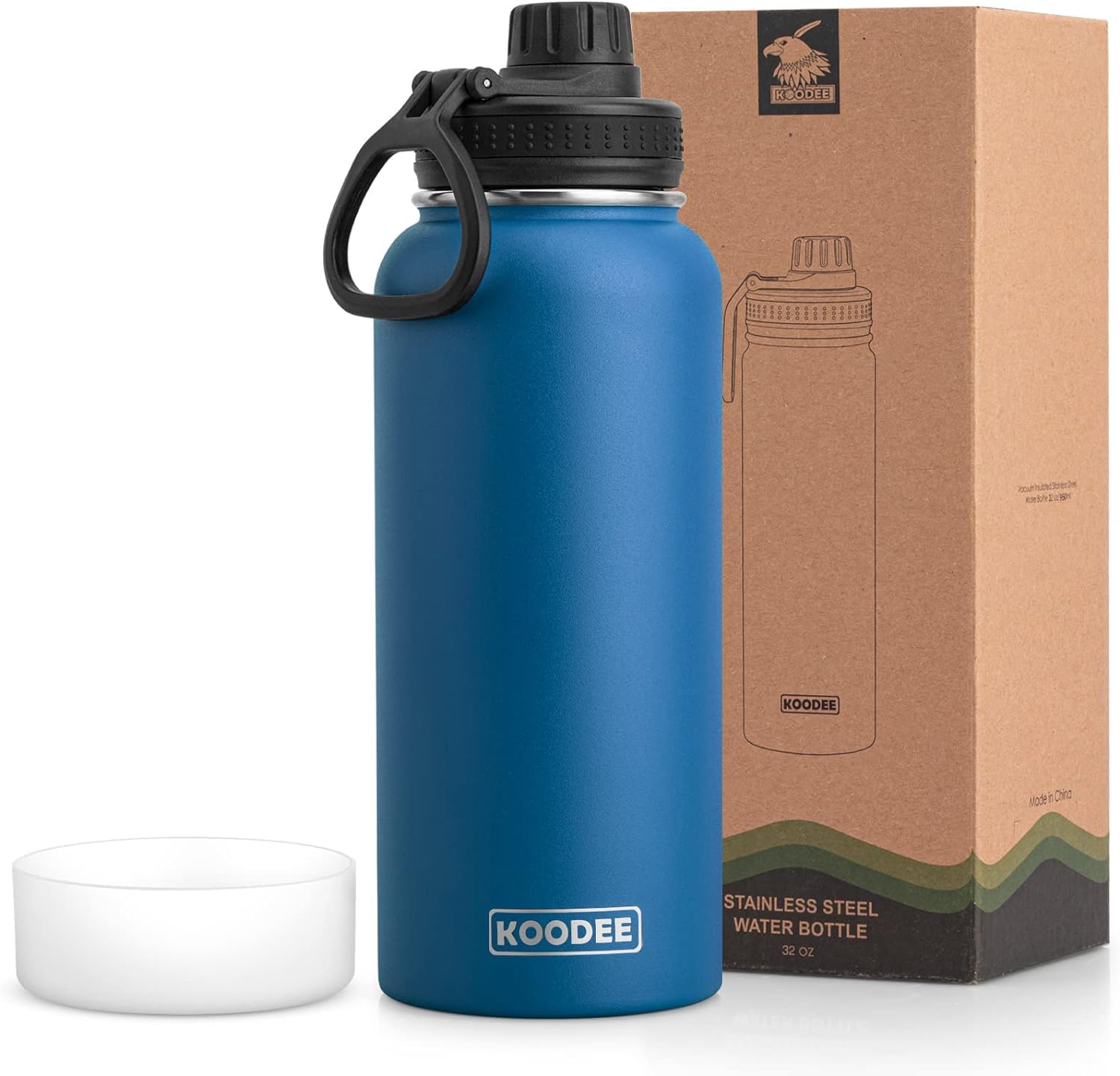 koodee Isolierte Wasserflasche, 900 ml, Edelstahl, doppelwandig, Vakuum, breite Öffnung, Sportflasche mit auslaufsicherem Auslaufdeckel, Marineblau