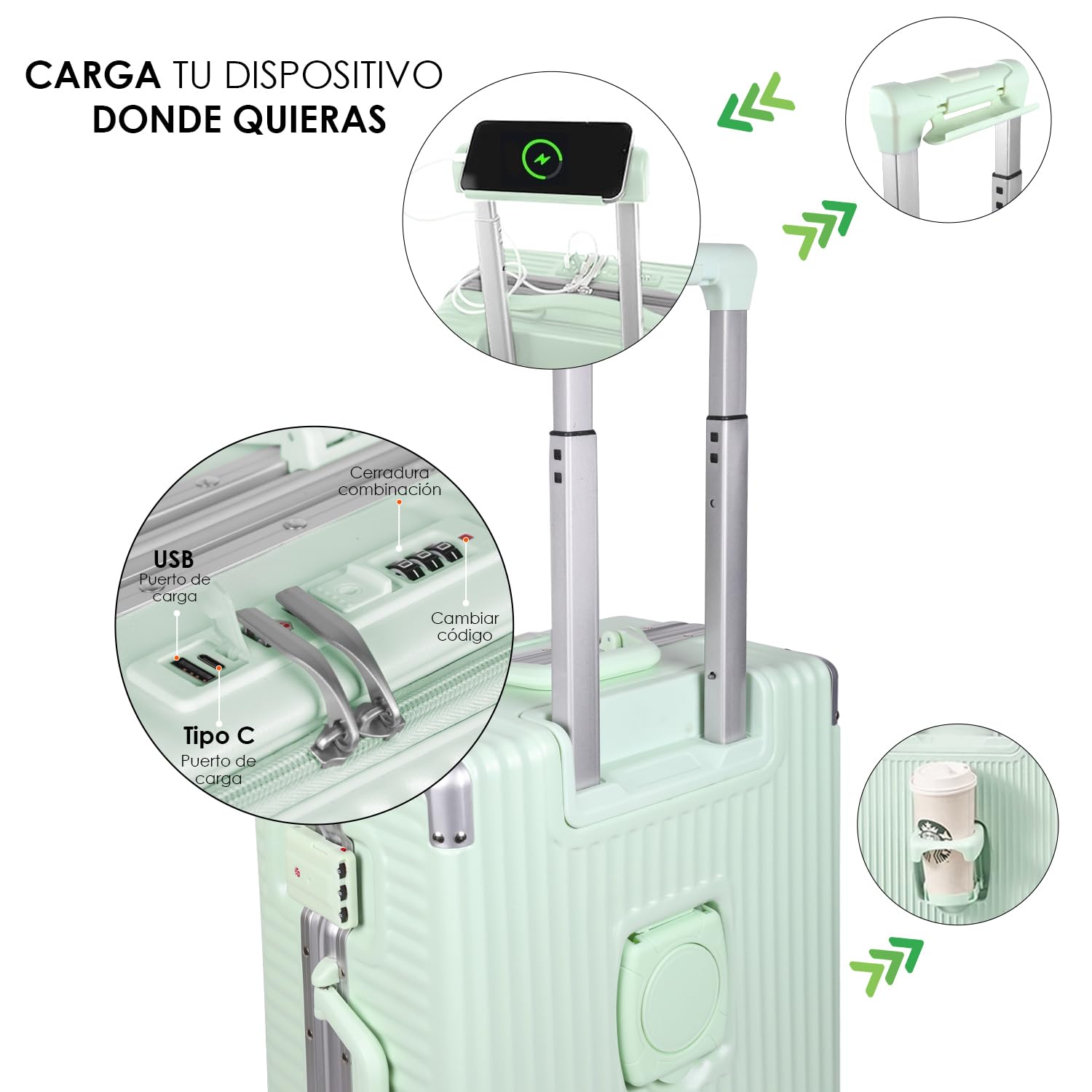 MERCURY TEXTIL-Juego de 3 Maletas de Viaje Cabina, Grande y Neceser de Policarbonato y ABS. Maletas Multifunción con USB, Múltiples Compartimientos con Bolsillo Frontal y Portavasos (Verde)