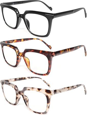MMOWW 3 Pack Reading Glasses for Women Men Sqaure Frame Blue Light Blocking Readers Spring Hinges