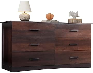 WLIVE Wood Dresser for Bedroom, Wide Chest of Drawers with 6 Drawers, Large Brown Storage Tower Unit, Modern Minimalist Closet Store Organizer for Living Room, Hallway
