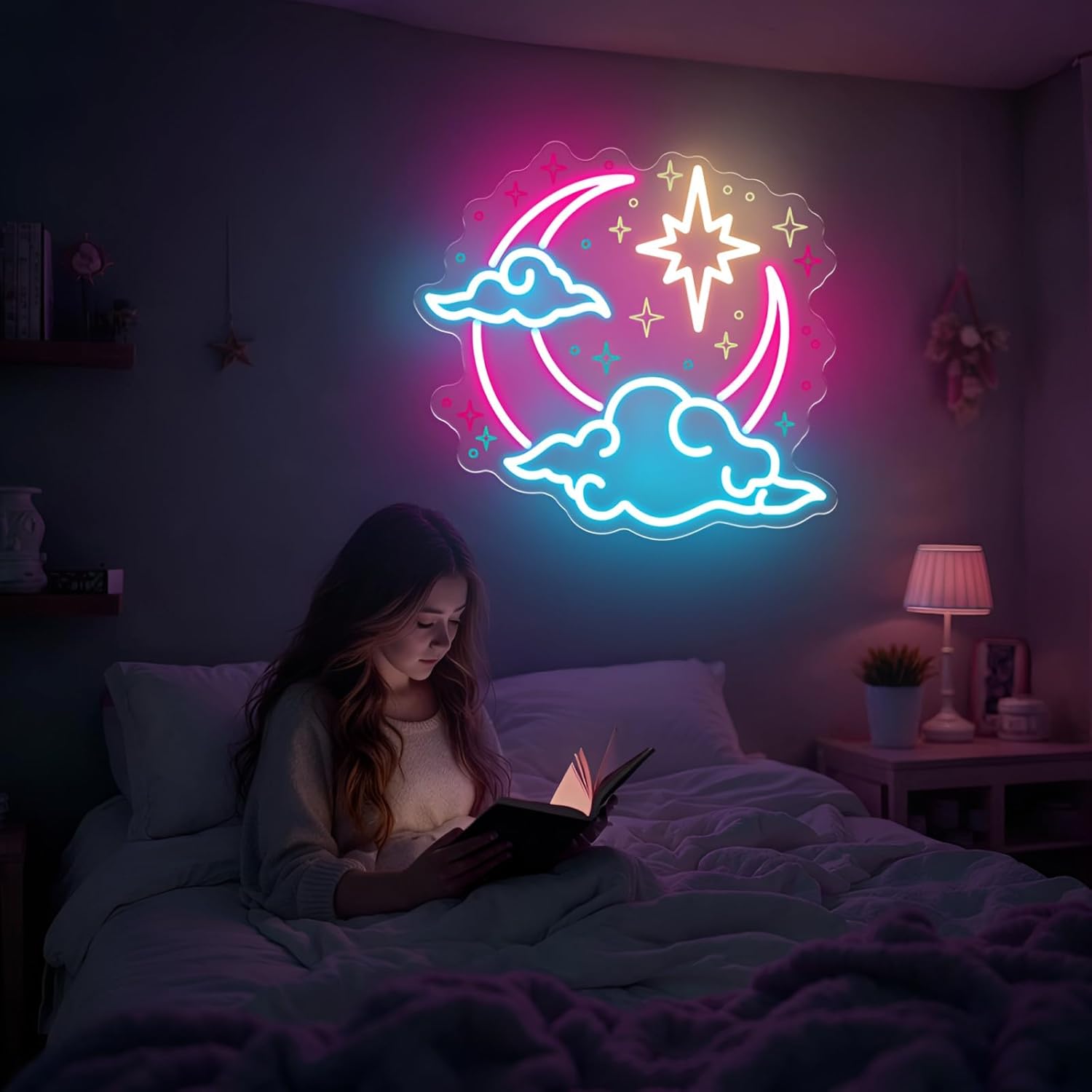 Crescent Moon Cloud Star Neon Sign for Wall Decor, Dreamy LED Light Up Sign for Bedroom, Living room, Girls Room, Party, Baby Nursery, Birthday Party Gift for Kids Teens, 13.8"x13"