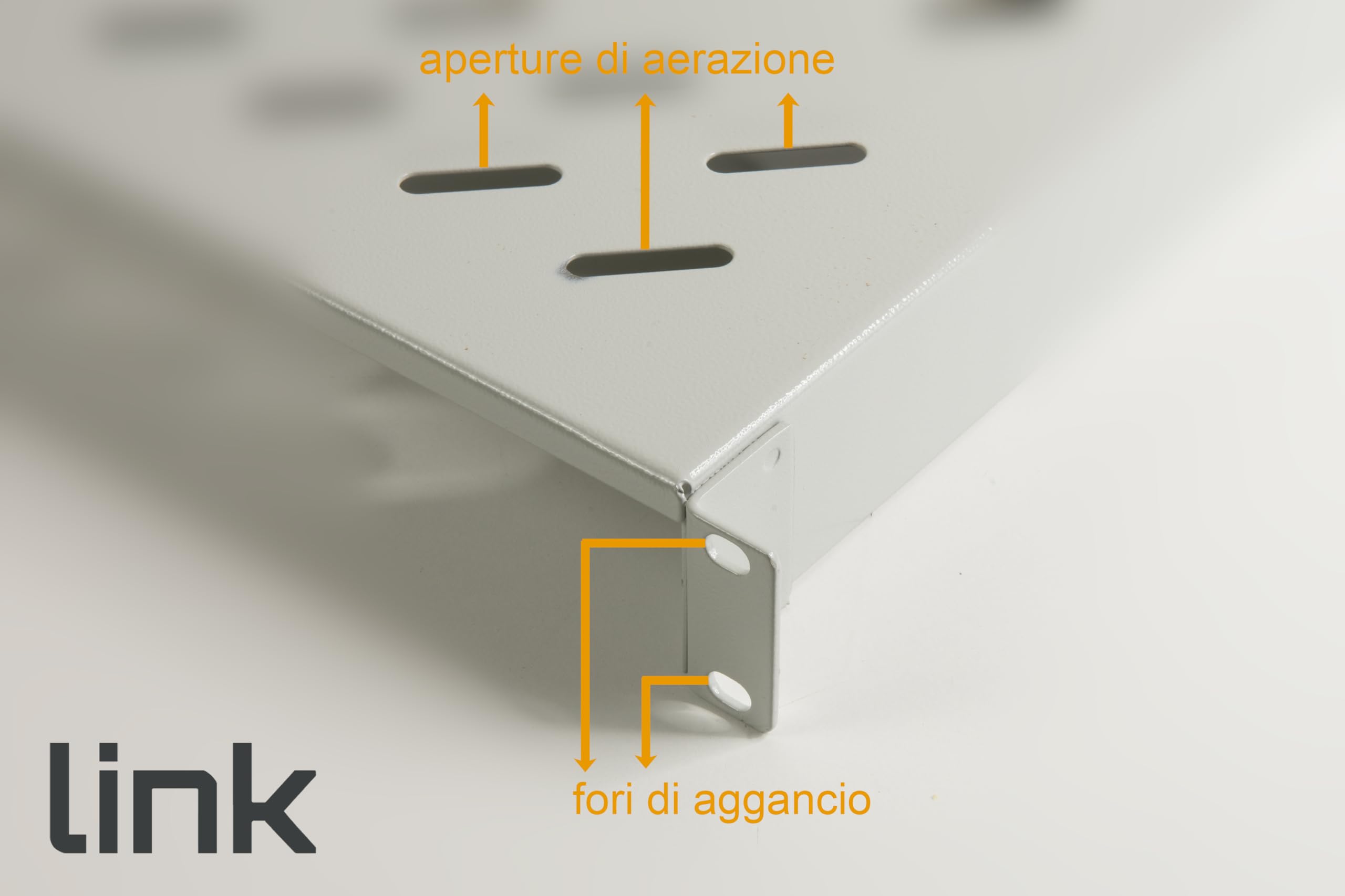 Link LKRIP450L - Ripiano in acciaio per armadio rack 19" universale (profondità 45-55 cm, grigio chiaro RAL7035) – 4 agganci frontali e posteriori – Portata 50 kg e superficie traforata per aerazione