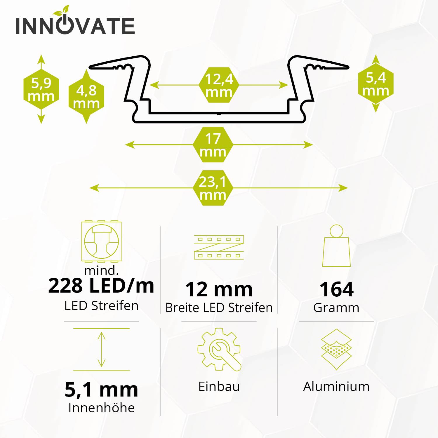 INNOVATE LED Einbauprofil 2m 4er Set [12x6mm Aluprofil Silber Diffusor Milchig] Aluprofil für LED Streifen 2m I Indirekte Beleuchtung Unterbauleuchte Küche I Ambientebeleuchtung Wohnzimmer LEDs Büro