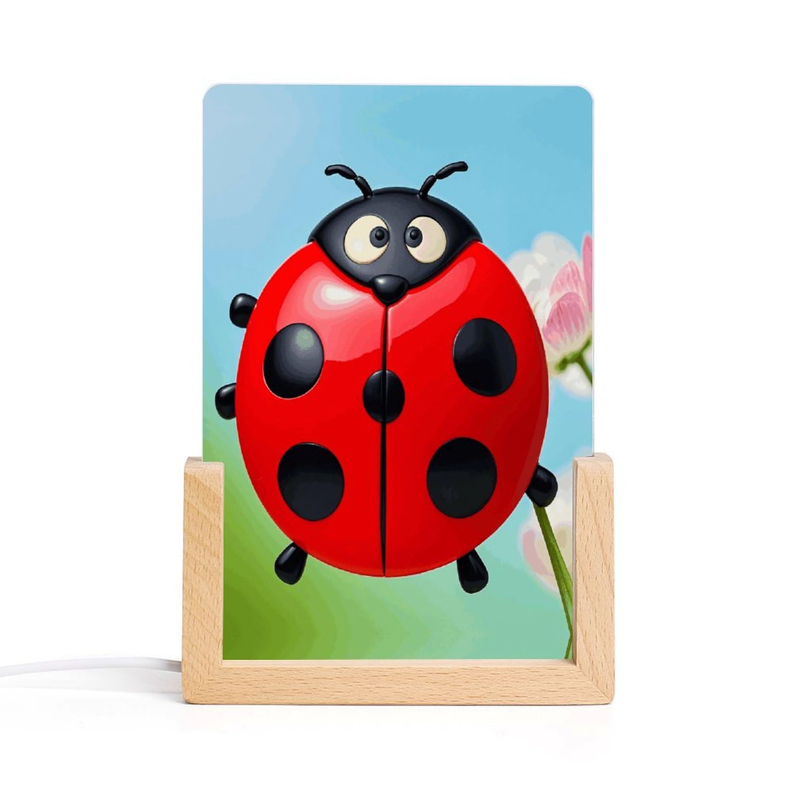 JTREHY Acrylic Night Light,Red Ladybug Printed Wooden Base LED Night Light Modern Home Decoration Light with USB Switch Cable for Bar Cafe Bedroom Room Decoration