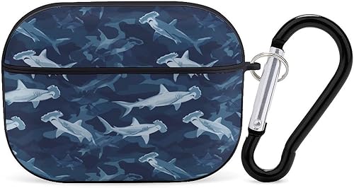 Compatible with Airpods Pro 2nd Generation Case Cover - Blue Camo Hammerhead Shark Print Compatible with Airpods Pro Case Cover with Carabiner