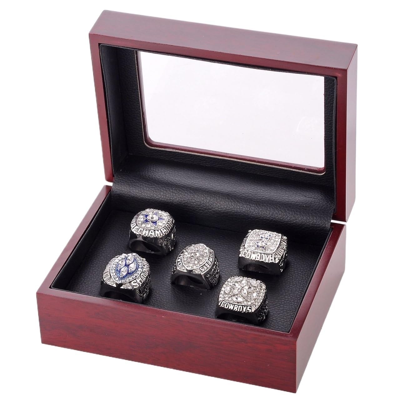 HYKJSHED 5PCS Fantasy Football Rings 71 77 92 93 95 Championship Rings Collection Championship Trophy Gift Box Ring Display Box