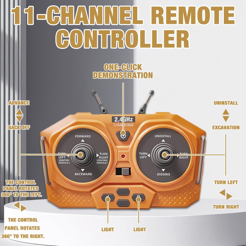 Excavadora Teledirigido, Excavadora Teledirigida Rotación De 680°, RC 11 Canales 2.4 GHz RC Recargable Juegos Niños 7-14 Años Juegos Exterior Niños