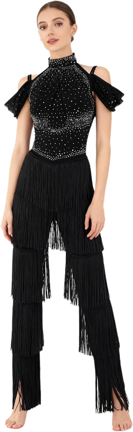 Yhong Women's Latin Ballroom Dance Jumpsuit Tiered Tassel Dance Pants Salsa Cha Cha Tango Practice Rompers