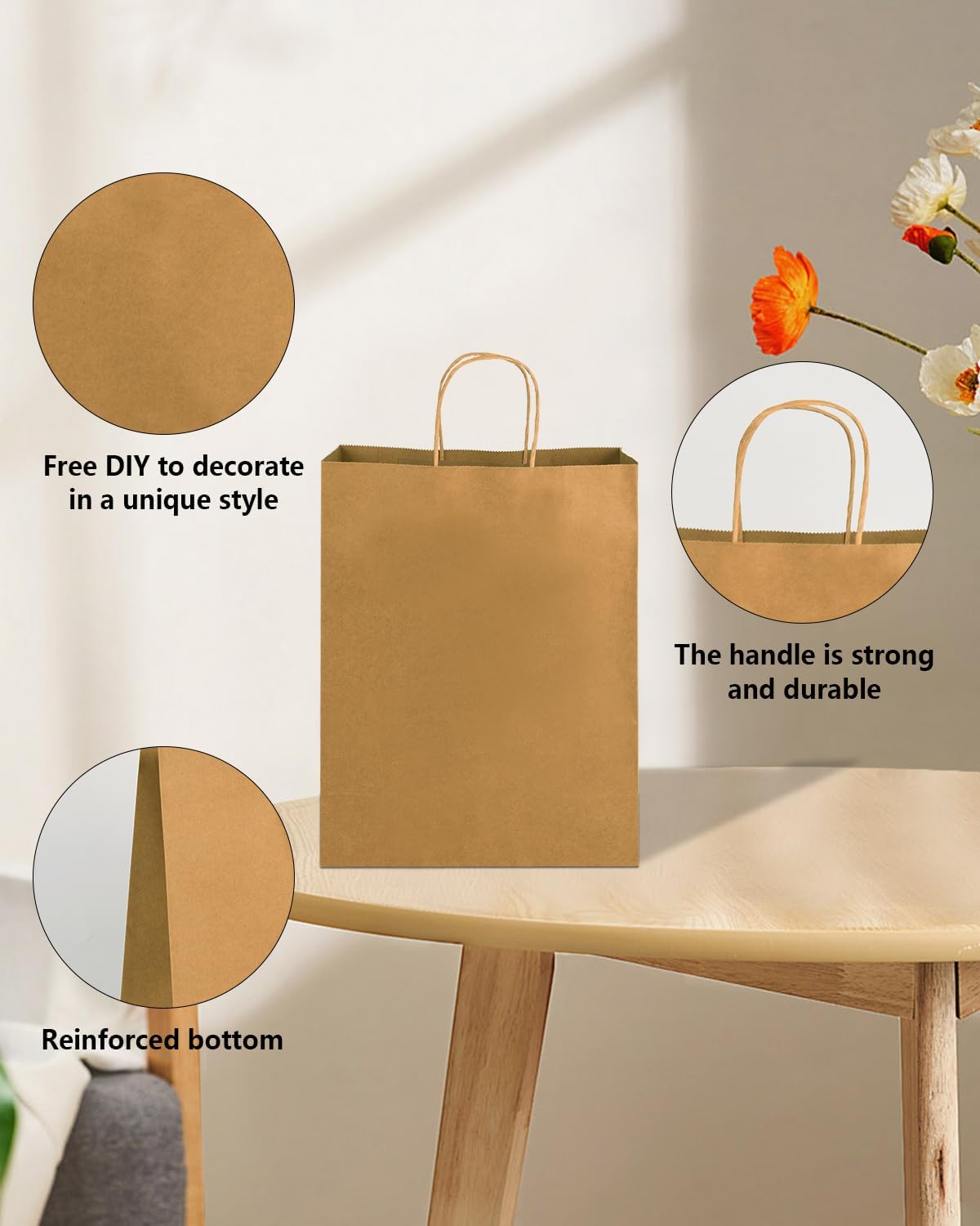 Amazingcraft Gift Bags 8x4.25x10.5 100Pcs Brown Paper Bags with Handles Bulk for Wedding, Party Favor, Grocery, Shopping, Retail, Merchandise Medium Kraft Paper Sacks - Image 3