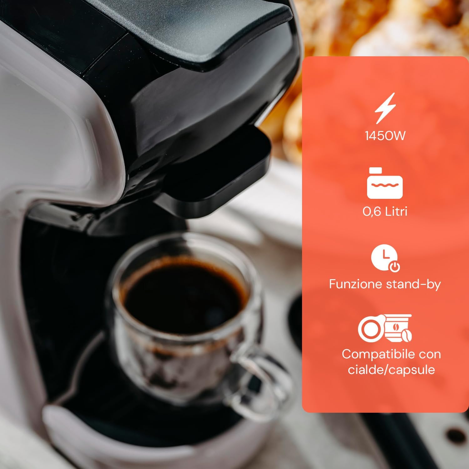 Avilia - Macchina Caffè Compatta Grace da 1450W con Arresto Automatico, Selezione Espresso Corto/Lungo, Interruttore ON/OFF e Compatibilità con Capsule e Cialde (Bianco)
